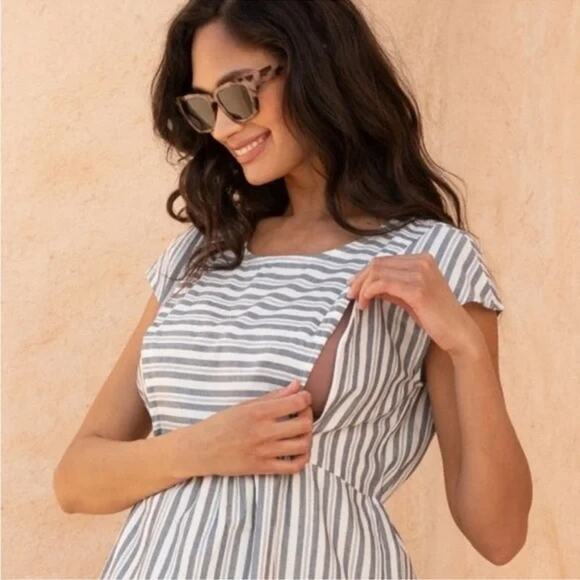 Seraphine Maternity Blue and White Striped Nursing Blouse - Picture 3 of 11